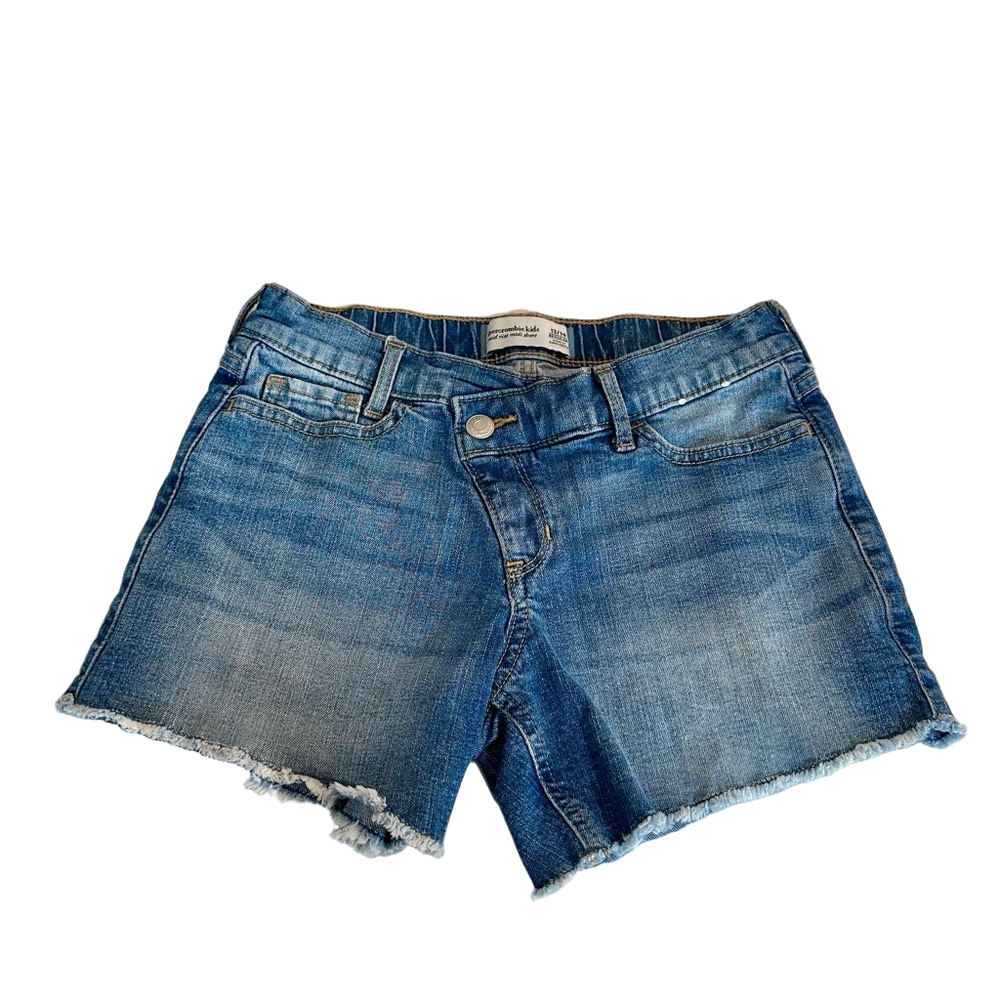 3/27$ Abercrombie girls blue distressed mid rise midi denim jean shorts 13/14
